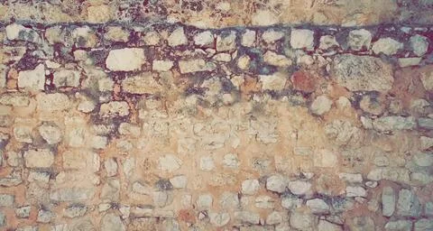 Insta Effect of Old Stone Wall. Ancient Aged Surface. Weathered Fence. Jerusalem 스톡 사진