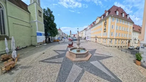 Insta360 Walk Through Görlitz Old Town with Fountain and Star Pattern Pavement Stock Footage 346141673