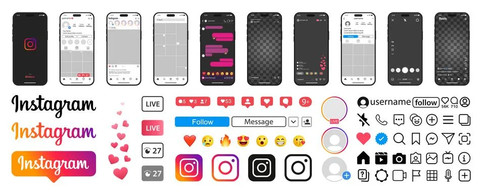 Instagram app interface in Iphone screen, icons, emoticons. Instagram mockup in Stock Illustration