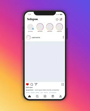 Instagram home page interface with smartphone, vector post mockup Stock Illustration