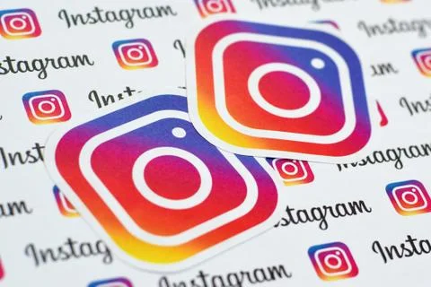 Instagram pattern printed on paper with small instagram logos and inscription Stock Photos