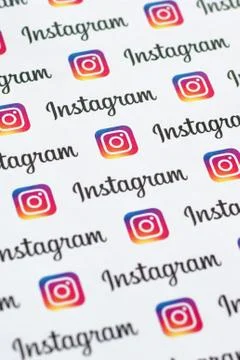 Instagram pattern printed on paper with small instagram logos and inscription Stock Photos