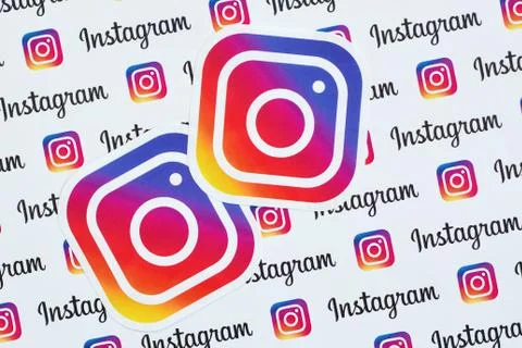 Instagram pattern printed on paper with small instagram logos and inscription Stock Photos