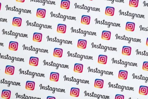 Instagram pattern printed on paper with small instagram logos and inscription Stock Photos