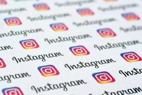 Instagram pattern printed on paper with small instagram logos and inscription Stock Photos