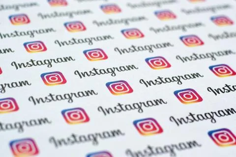 Instagram pattern printed on paper with small instagram logos and inscription Stock Photos