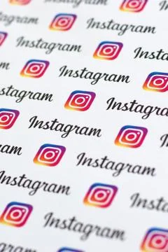Instagram pattern printed on paper with small instagram logos and inscription Stock Photos