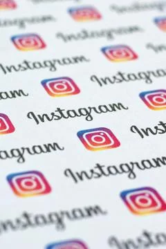 Instagram pattern printed on paper with small instagram logos and inscription Stock Photos