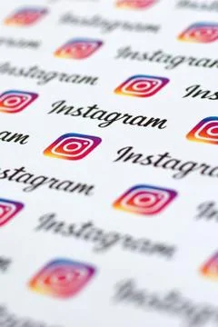 Instagram pattern printed on paper with small instagram logos and inscription Stock Photos