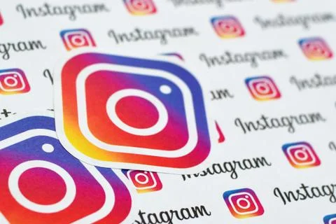 Instagram pattern printed on paper with small instagram logos and inscription Stock Photos