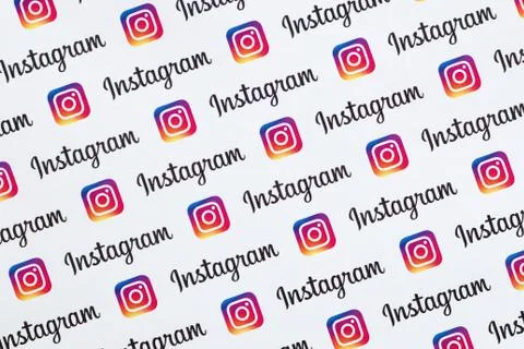Instagram pattern printed on paper with small instagram logos and inscription Stock Photos
