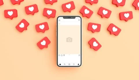 Instagram post mockup in a phone surrounded by like notifications. 3D renderi Stock Illustration