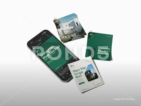 Instagram Post Real Estate Mockup with Phone and Sheets Paper PSD Template