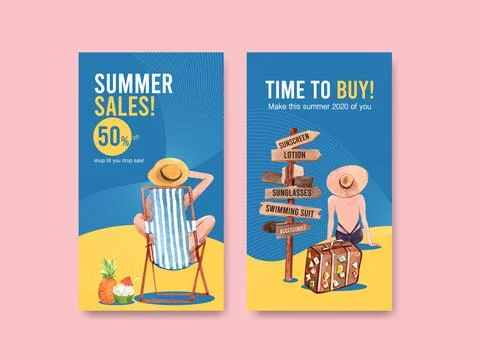 Instagram summer template design for vacation and holiday travel watercolor i Stock Illustration