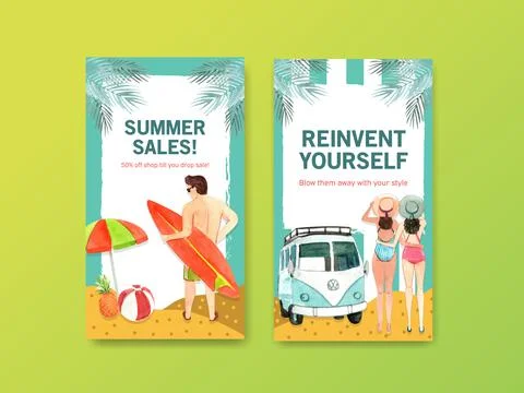 Instagram summer template design for vacation and holiday travel watercolor i Stock Illustration