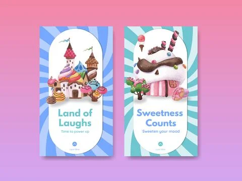Instagram template with candy land concept design watercolor illustration Stock Illustration