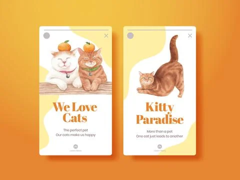 Instagram template with cute cat concept watercolor illustration Stock Illustration
