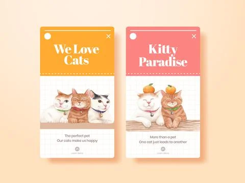 Instagram template with cute cat concept watercolor illustration Stock Illustration