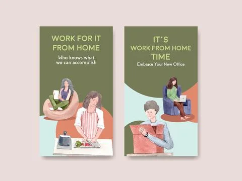 Instagram template design with people are working from home. Home office conc Stock Illustration