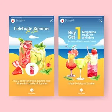Instagram template design for summer drink watercolor vector. Stock Illustration