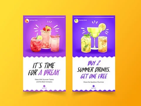 Instagram template design for summer drink watercolor vector. Stock Illustration