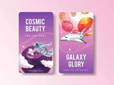 Instagram template with galaxy concept design watercolor illustration Stock Illustration