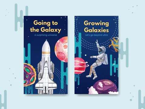 Instagram template with galaxy concept design watercolor illustration Stock Illustration