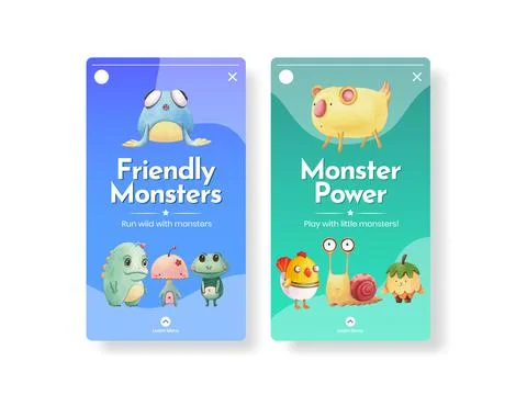 Instagram template with monster concept design watercolor illustration Stock Illustration