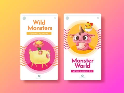 Instagram template with monster concept design watercolor illustration Stock Illustration