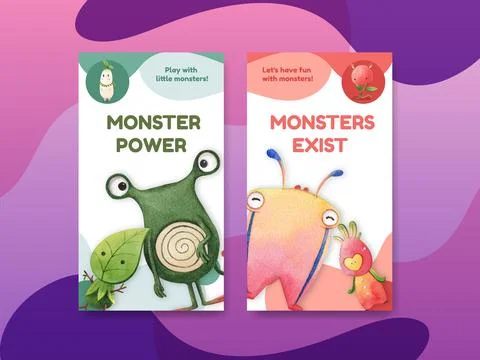 Instagram template with monster concept design watercolor illustration Illustrazione stock