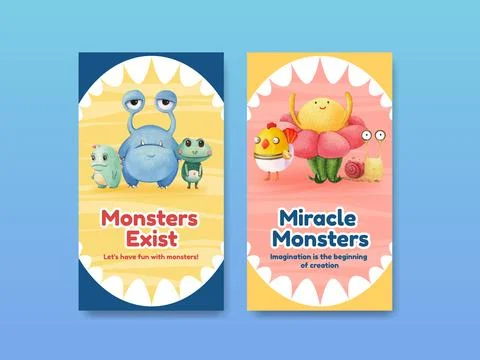 Instagram template with monster concept design watercolor illustration Stock Illustration
