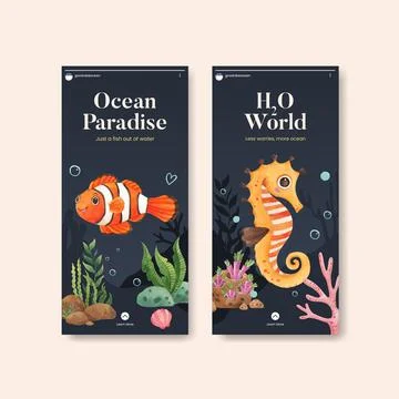 Instagram template with ocean delighted concept,watercolor style Stock Illustration