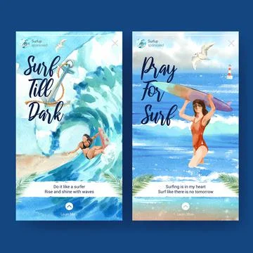 Instagram template with surfboards at beach design for summer vacation tropic Stock Illustration