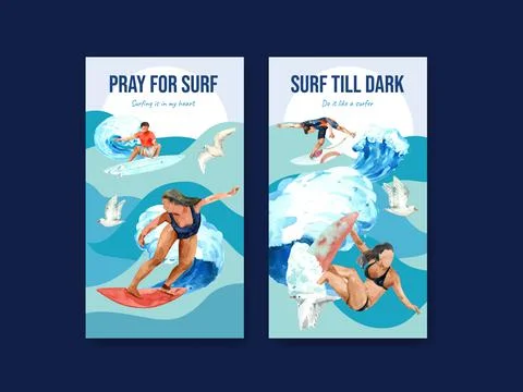 Instagram template with surfboards at beach design for summer vacation tropic Stock Illustration