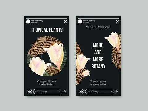 Instagram template with tropical botany concept, watercolor style 库存插图