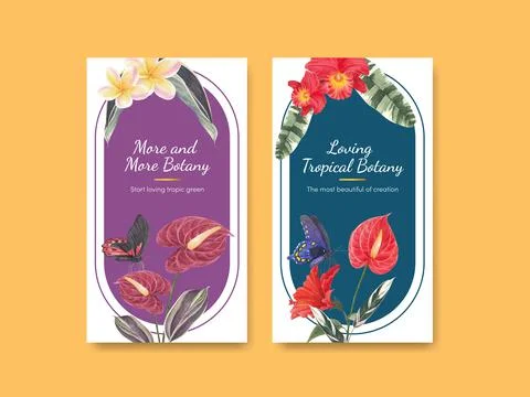 Instagram template with tropical botany concept, watercolor style 库存插图