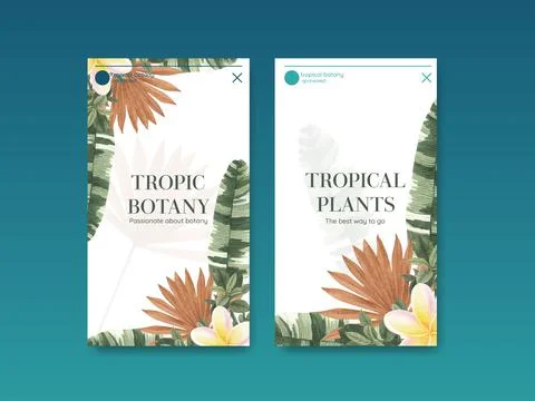 Instagram template with tropical botany concept, watercolor style 库存插图