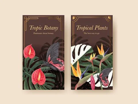 Instagram template with tropical botany concept, watercolor style 库存插图