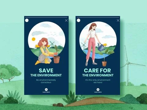 Instagram template with World Environment Day concept,watercolor style Stock Illustration