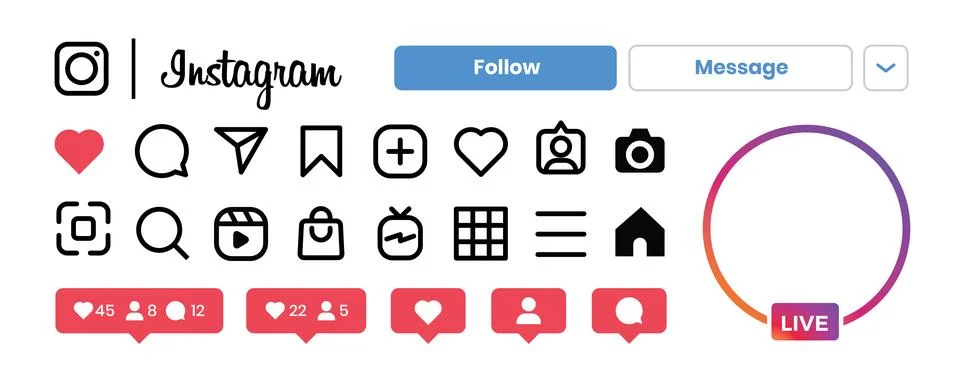 Instagram user interface icon set with buttons Illustrazione stock