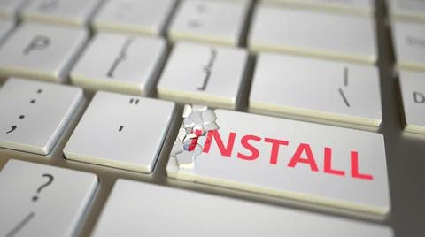 Install key being destroyed on the computer keyboard. Conceptual 3D rendering Stock Illustration
