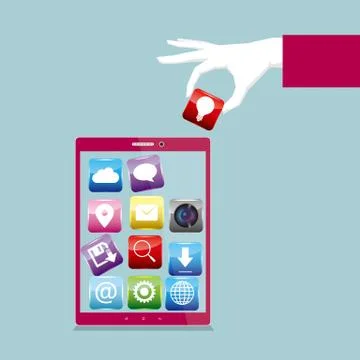 Install the software into your tablet. Isolated on blue background. Stock Illustration