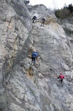 Installation of active galvanized wire rope mesh system Stock Photos