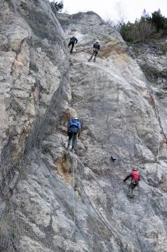 Installation of active galvanized wire rope mesh system Stock Photos