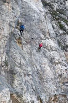 Installation of active galvanized wire rope mesh system Stock Photos