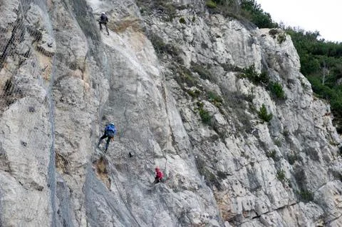 Installation of active galvanized wire rope mesh system Stock Photos