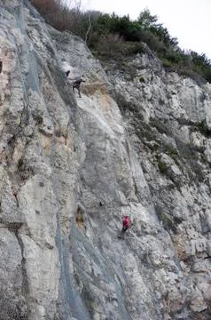 Installation of active galvanized wire rope mesh system Stock Photos