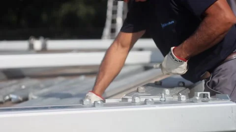 Installation of aluminum structures. Temporary structure. Installation work Stock Footage 131564634