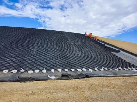 Installation and quality control process of geosynthetics in mines Stock Photos