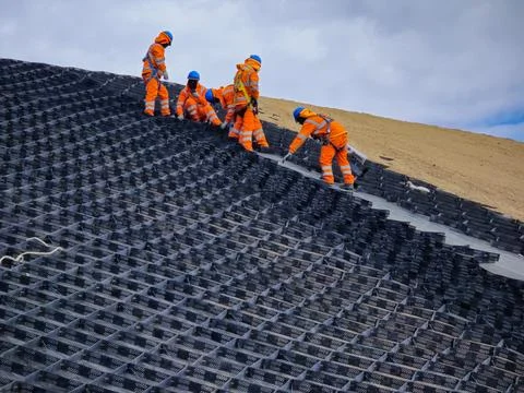 Installation and quality control process of geosynthetics in mines Stock Photos